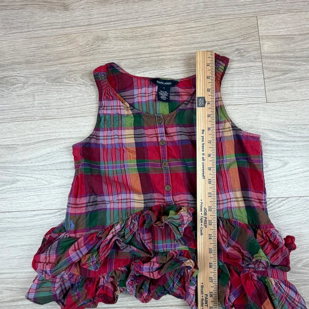 Ralph Lauren‎ Kids Plaid Ruffle Tank Top Dress Size 12 Red Green Cotton Madras
